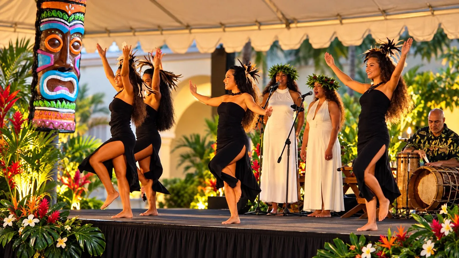 Tahitian dancers and singers performing on an outdoor stage
